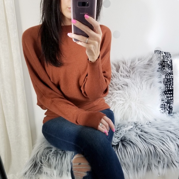 Oversized Slouchy Sweater Rust Dolman Cozy Top - Picture 3 of 6